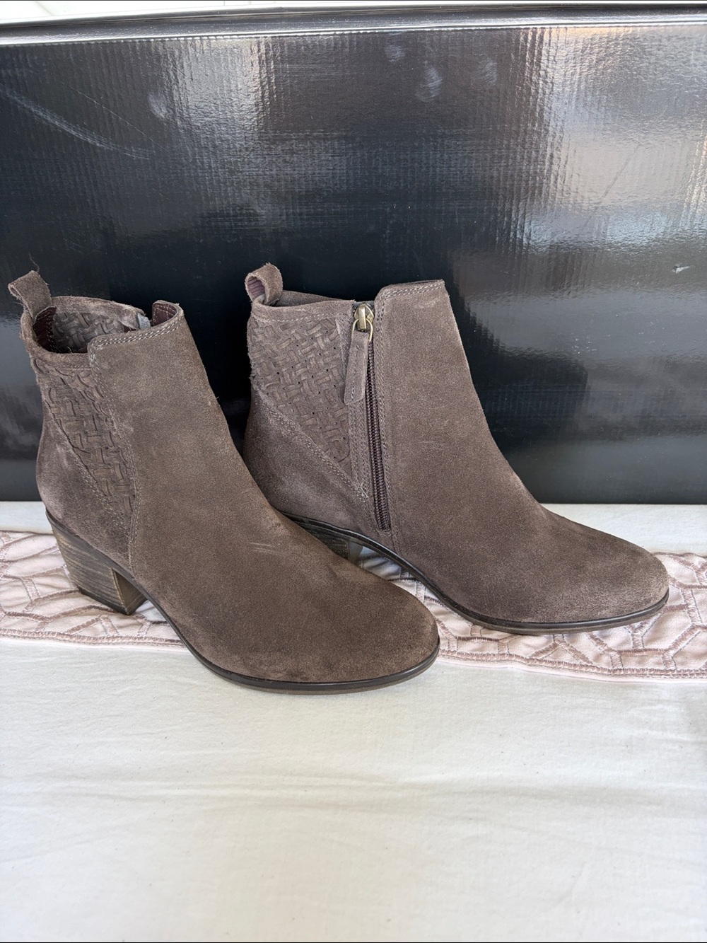 Joie Brown Suede Woven-Back Ankle Booties